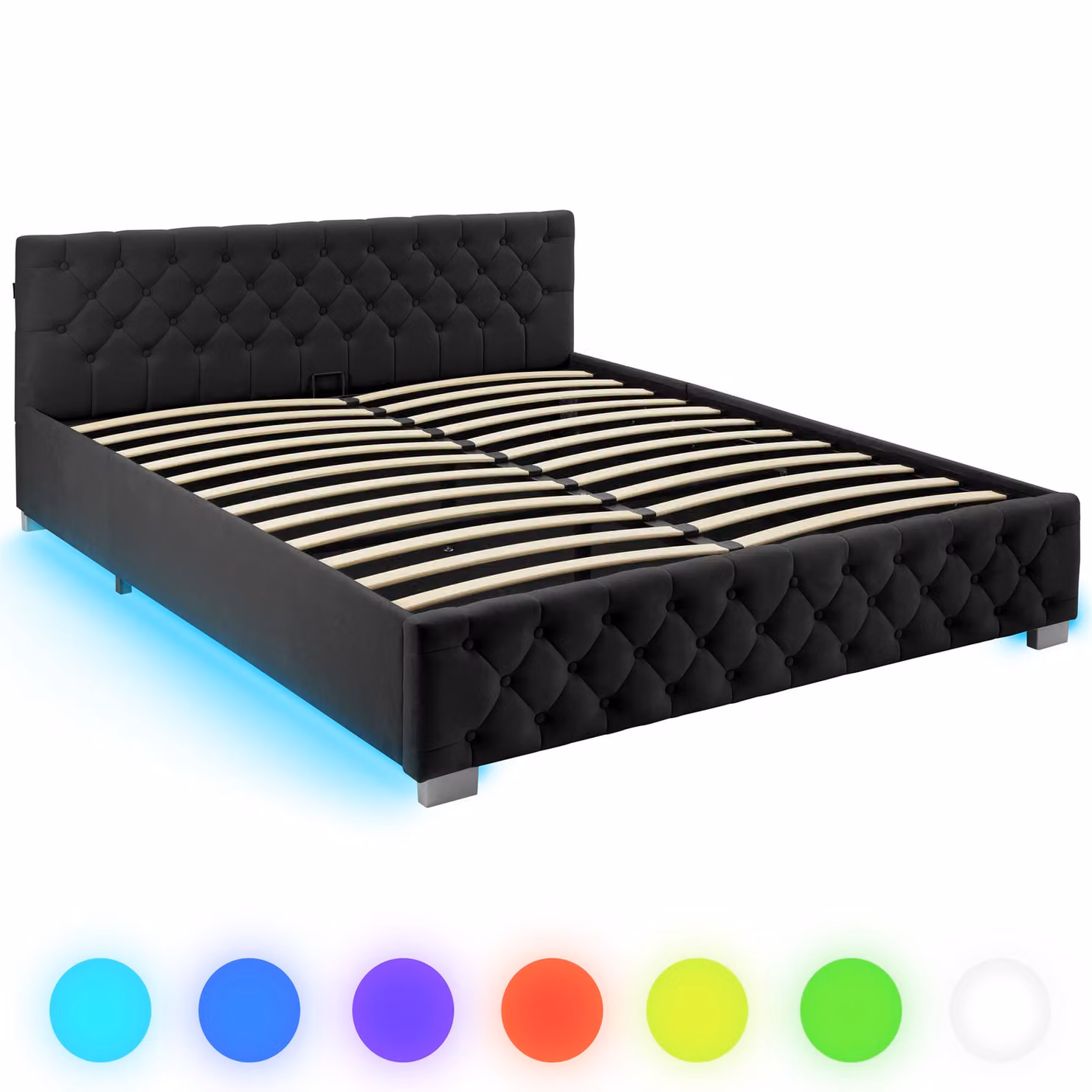 Letto imbottito modello Chesterfield tectake in velluto nero con illuminazione LED sottostante e contenitore a sollevamento L/P/H: 187.5 x 180 x 217 cm – 4