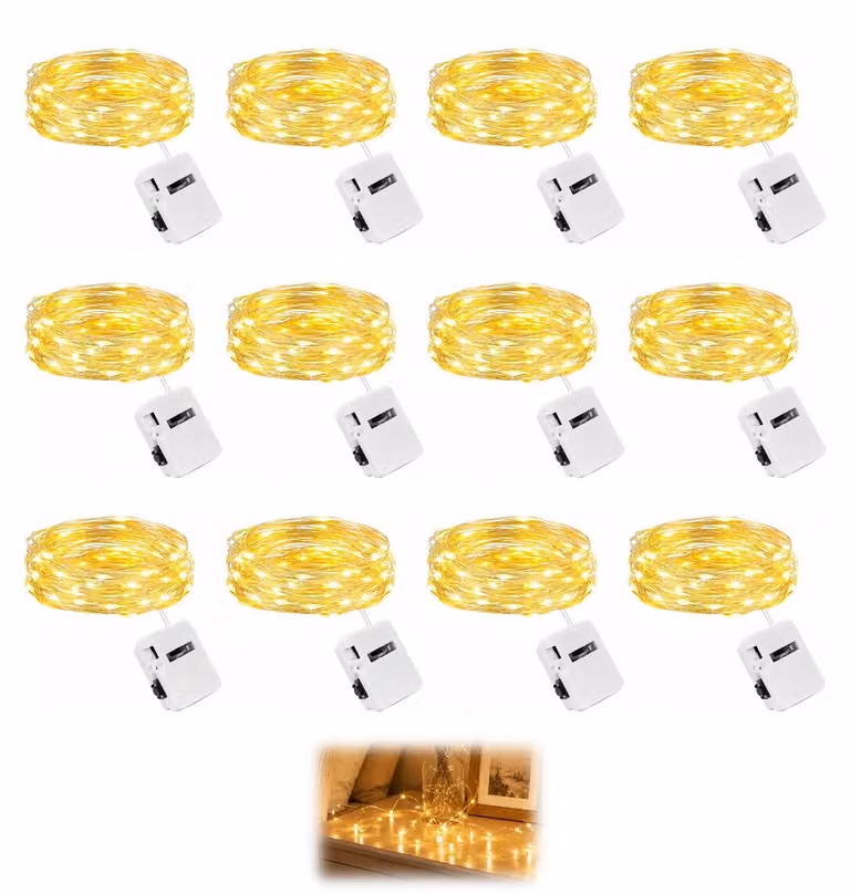 Mini catena luminosa, set da 12, lunghezza 2 metri, luce bianco caldo, 20 LED, 3 modalità