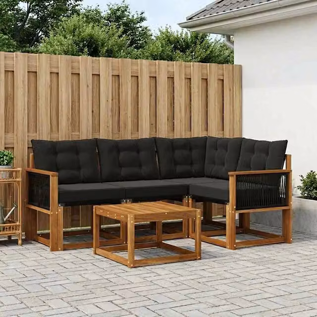 Set di divani da esterno a L con tavolino vidaXL in legno di acacia e textilene, colore marrone e nero