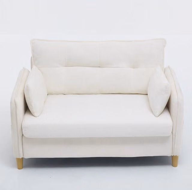 Divano 2 posti in tessuto chenille beige 127x75,5x83 cm con braccioli, tasche laterali e cuscini