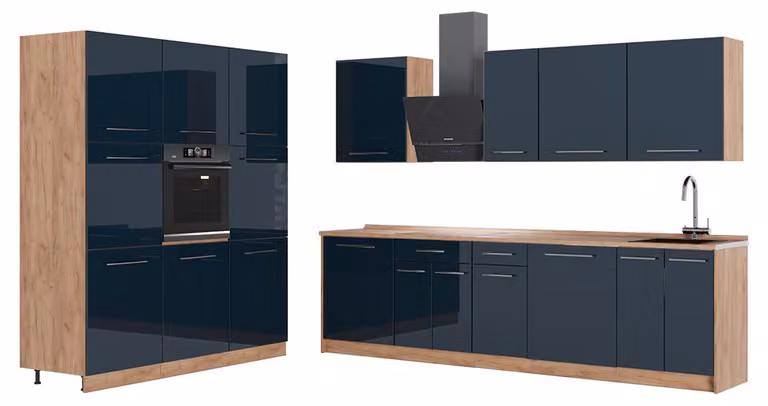 Cucina componibile Vicco Fame-Line Blu scuro lucido/Rovere dorato 460 cm, PL Rovere, Model 65724