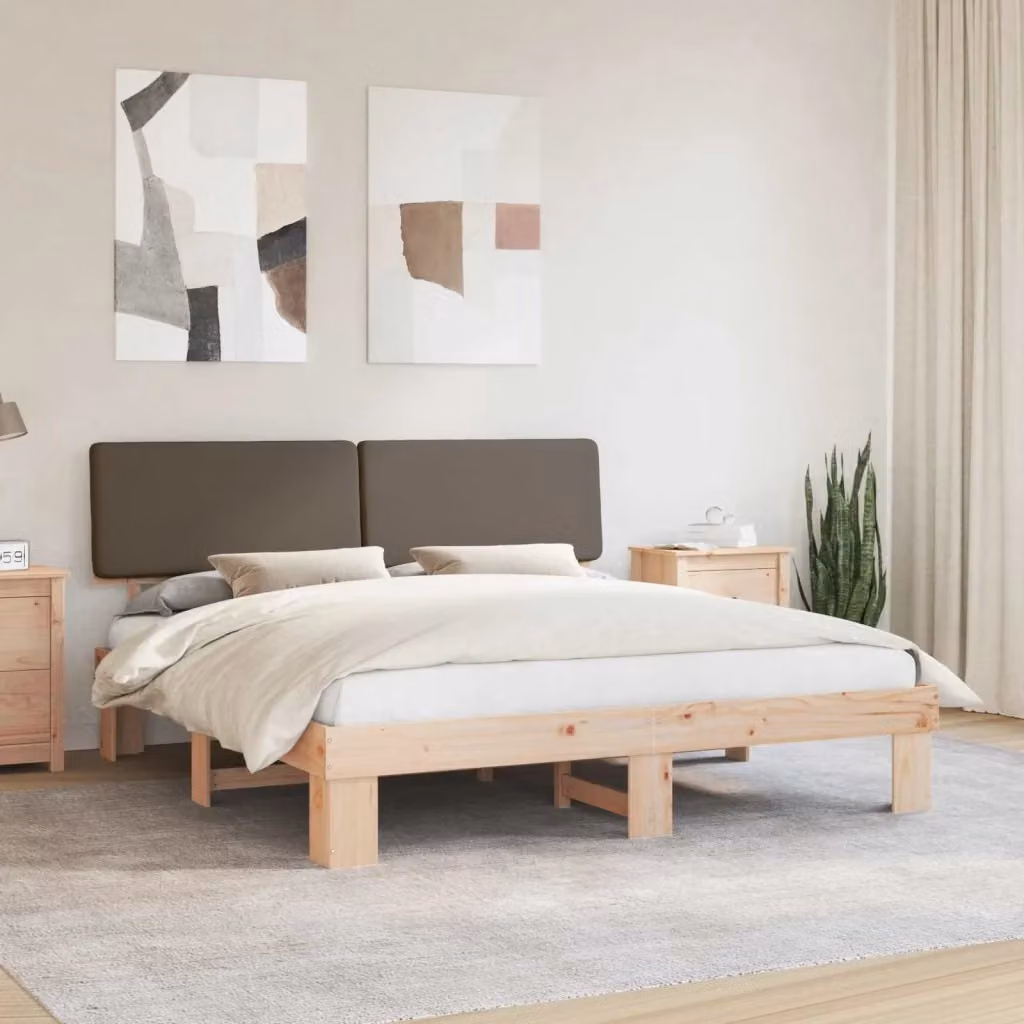 Letto matrimoniale moderno in pino massello con testiera rivestita in tessuto beige L/P: 180 x 200 cm – 2