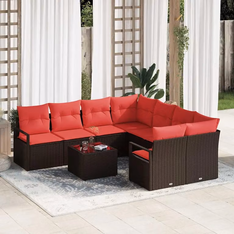 Set di divani da giardino vidaXL a 9 pezzi con forma a U, colore marrone e rosso, in rattan e metallo con cuscini inclusi