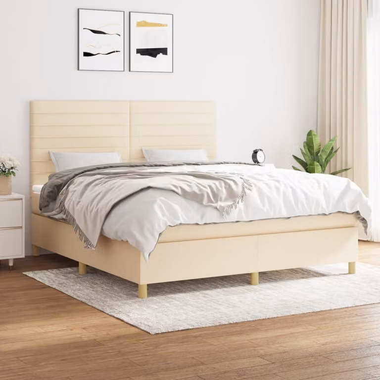 Letto Ibrido vidaXL con Giroletto a Molle e Materasso a Tasche in Tessuto Beige e Bianco, L/P: 180 x 200 cm