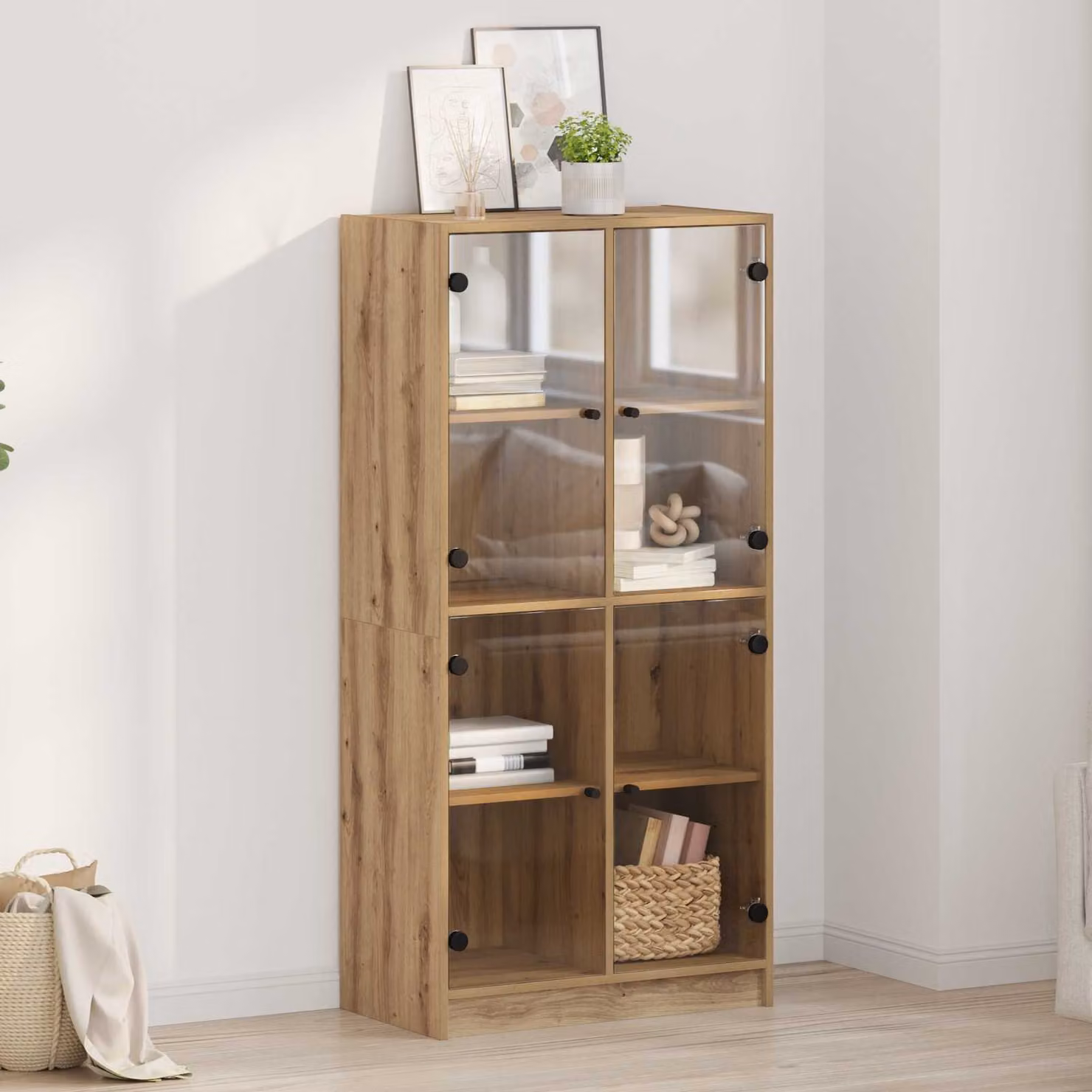 Credenza moderna vidaXL in rovere con dettagli in legno e metallo L: 68 cm, P: 37 cm, H: 142 cm – 1