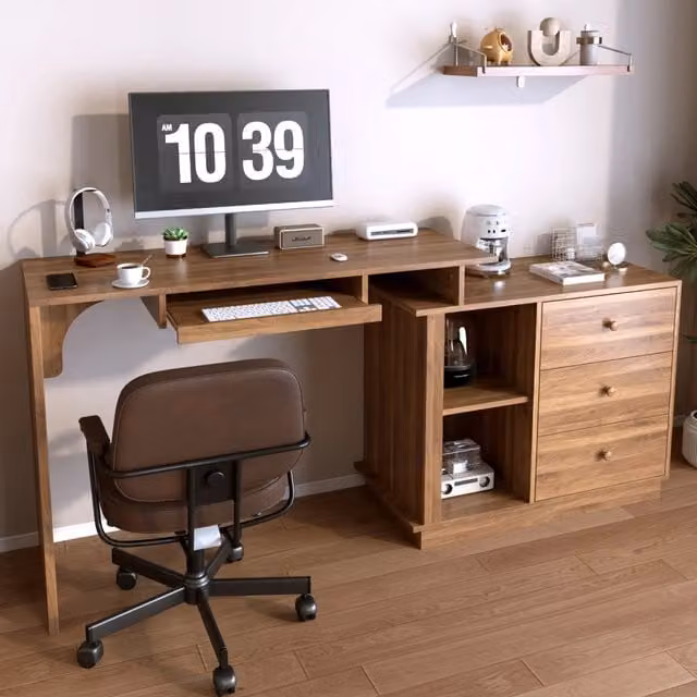 Scrivania per computer multifunzionale moderna estraibile, con piano estraibile, ripiano per tastiera estraibile, ripiani aperti e armadio con 3 cassetti, scrivania per studio e home office