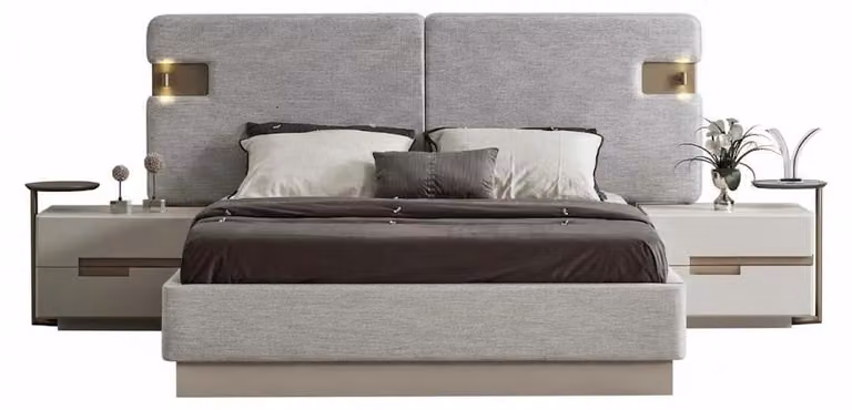 Set per camera da letto: comodini, letto, colore beige, stile moderno, testiera nuova