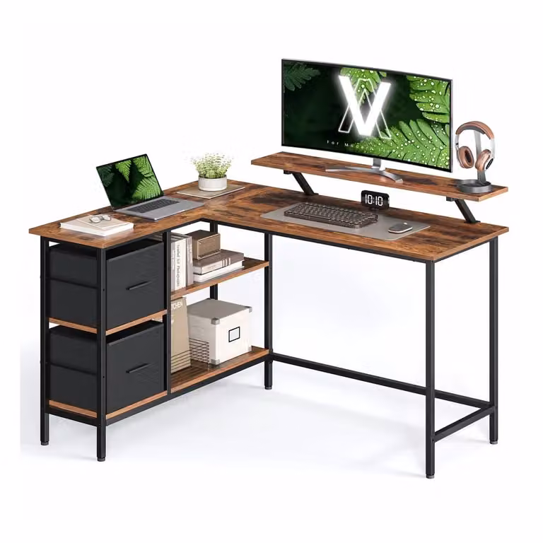 Scrivania a L con Ampi Cesti per Computer con Supporto per Monitor, 105 x 135 x 89,5 cm / Marrone Vintage