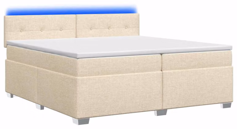 Letto con boxspring, materasso e illuminazione LED, colore crema, dimensioni 200 x 200 cm, rivestito in tessuto