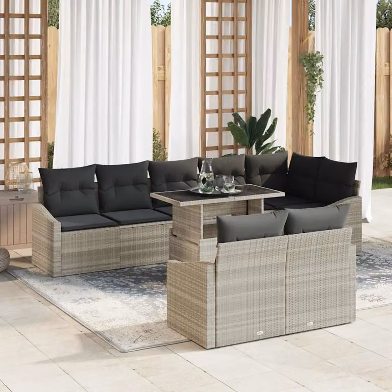 Set Divano da Giardino a L vidaXL in Polyrattan Grigio con Cuscini e Tavolino da Esterno 9 pz