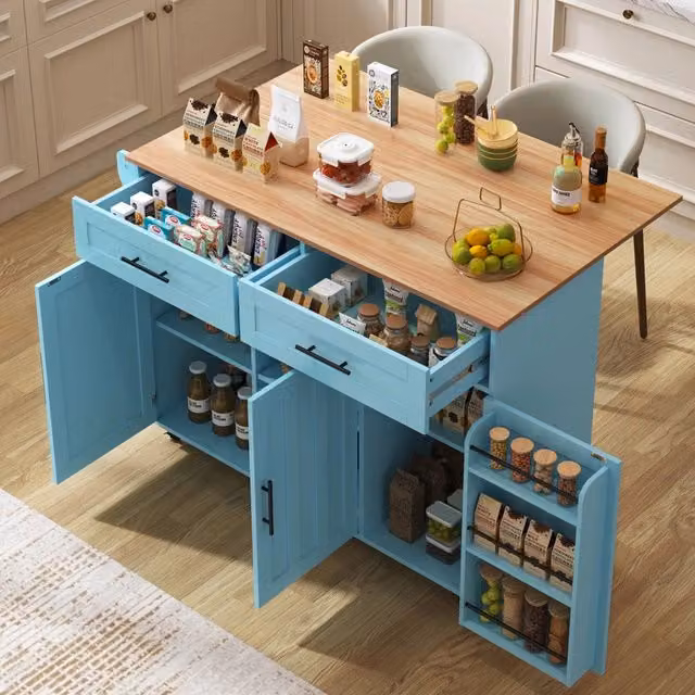 Isola cucina con ruote, piano di lavoro ribaltabile in effetto legno, 129 x 46 x 91,5 cm, MDF blu