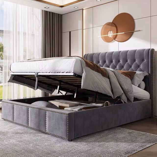 Letto matrimoniale imbottito - Xylo - 180x200cm - Grigio - Base idraulica