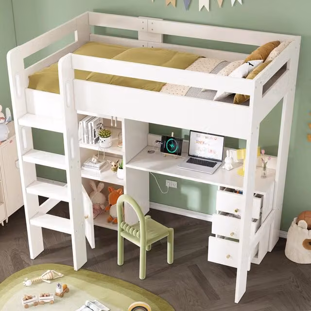 Letto a Soppalco con Scrivania, Armadio e Rete a Doghe ¨C MINIMAL ¨C 90x200, Singolo con Scala