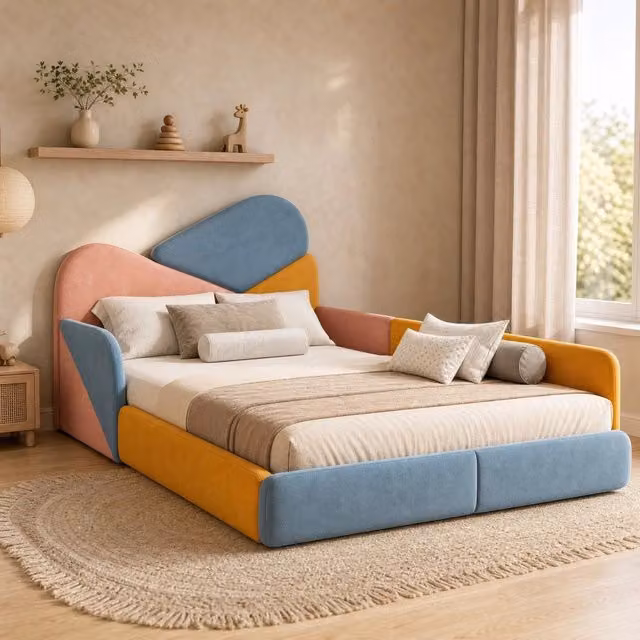 Letto imbottito per bambini 140x200 cm con sponde rialzate; velluto blu multicolore