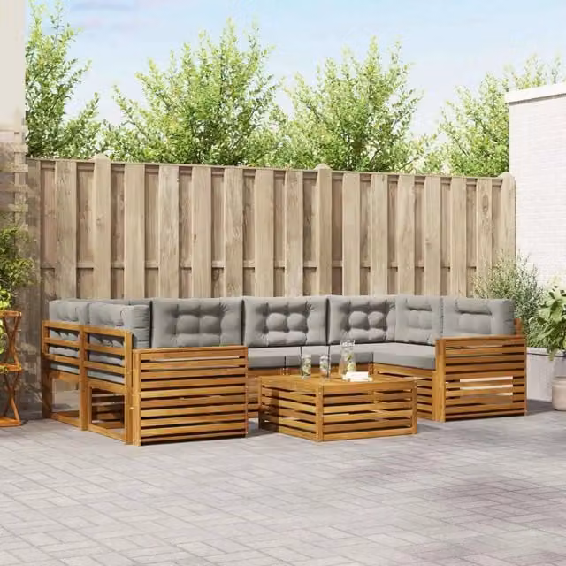 Set di divani da esterno a L vidaXL in legno di acacia con cuscini grigi e tavolino da giardino