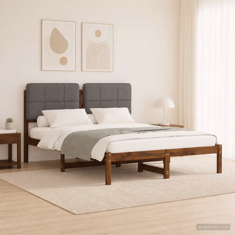 Letto con testiera rivestita vidaXL in legno di acacia, marrone scuro e grigio chiaro, L/P/H: 120 x 200 x 85 cm