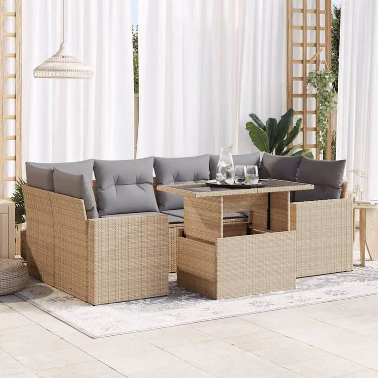 Set da giardino vidaXL composto da 7 pezzi con cuscini beige e struttura in polyrattan e metallo per esterno