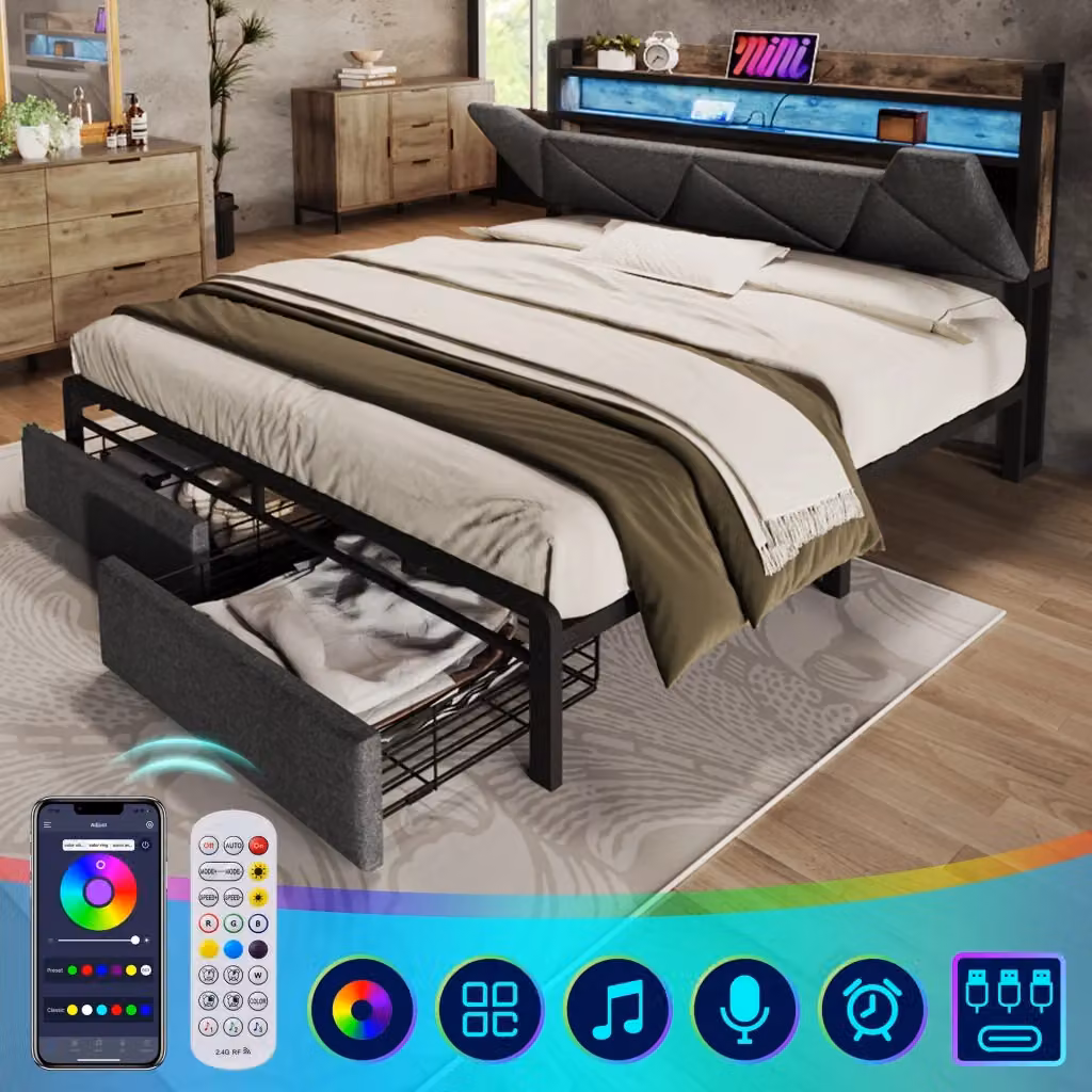 Letto matrimoniale OKWISH in tessuto grigio con testiera contenitore, ripiani laterali, luci LED, porte USB e lettore integrato, L/P/H: 140 x 200 x 141 cm – 2
