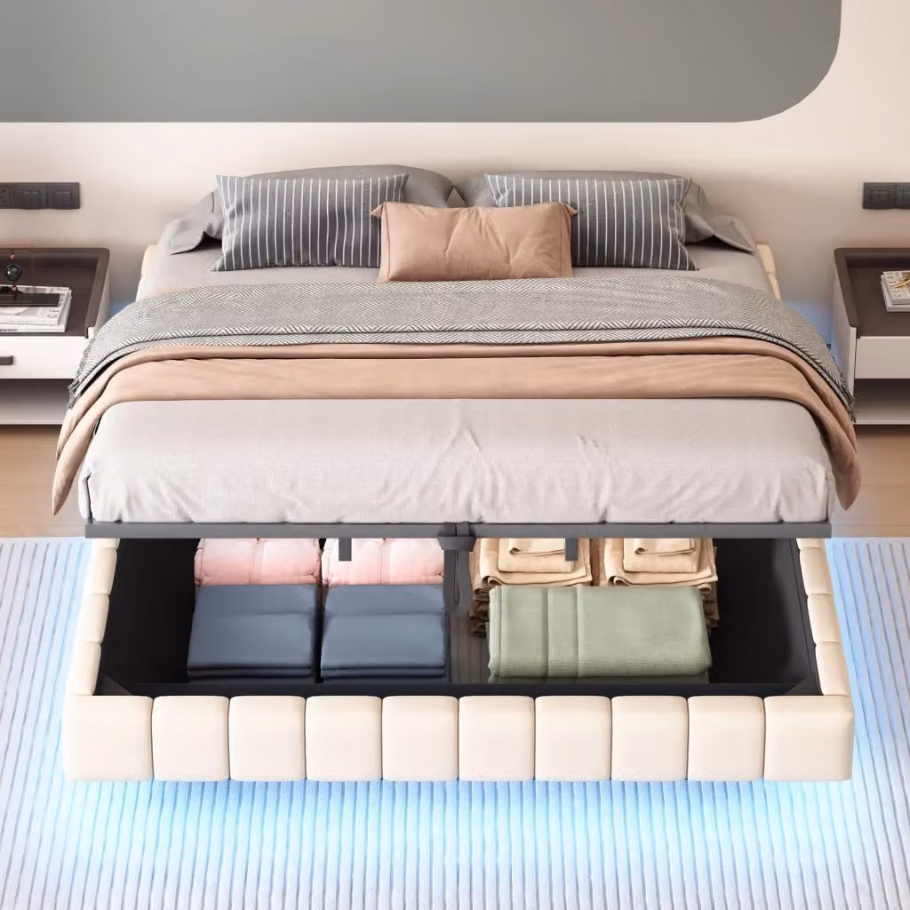 Letto contenitore matrimoniale Chicfurn con illuminazione LED e struttura sospesa, beige, L/P: 180 x 200 cm – 2