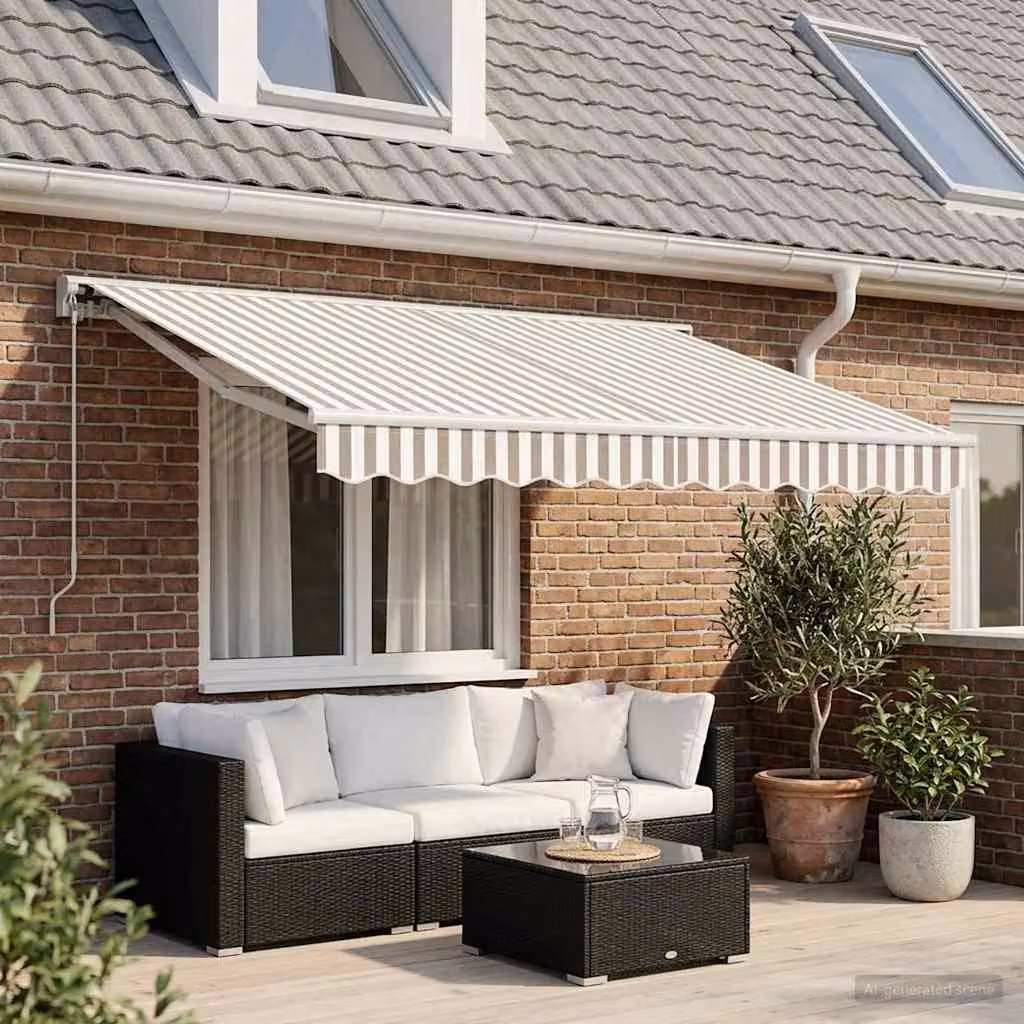 Tenda retrattile manuale vidaXL con bracci pieghevoli in alluminio e tessuto in poliestere, Grigio chiaro e bianco, L: 3 m x P: 2,5 m