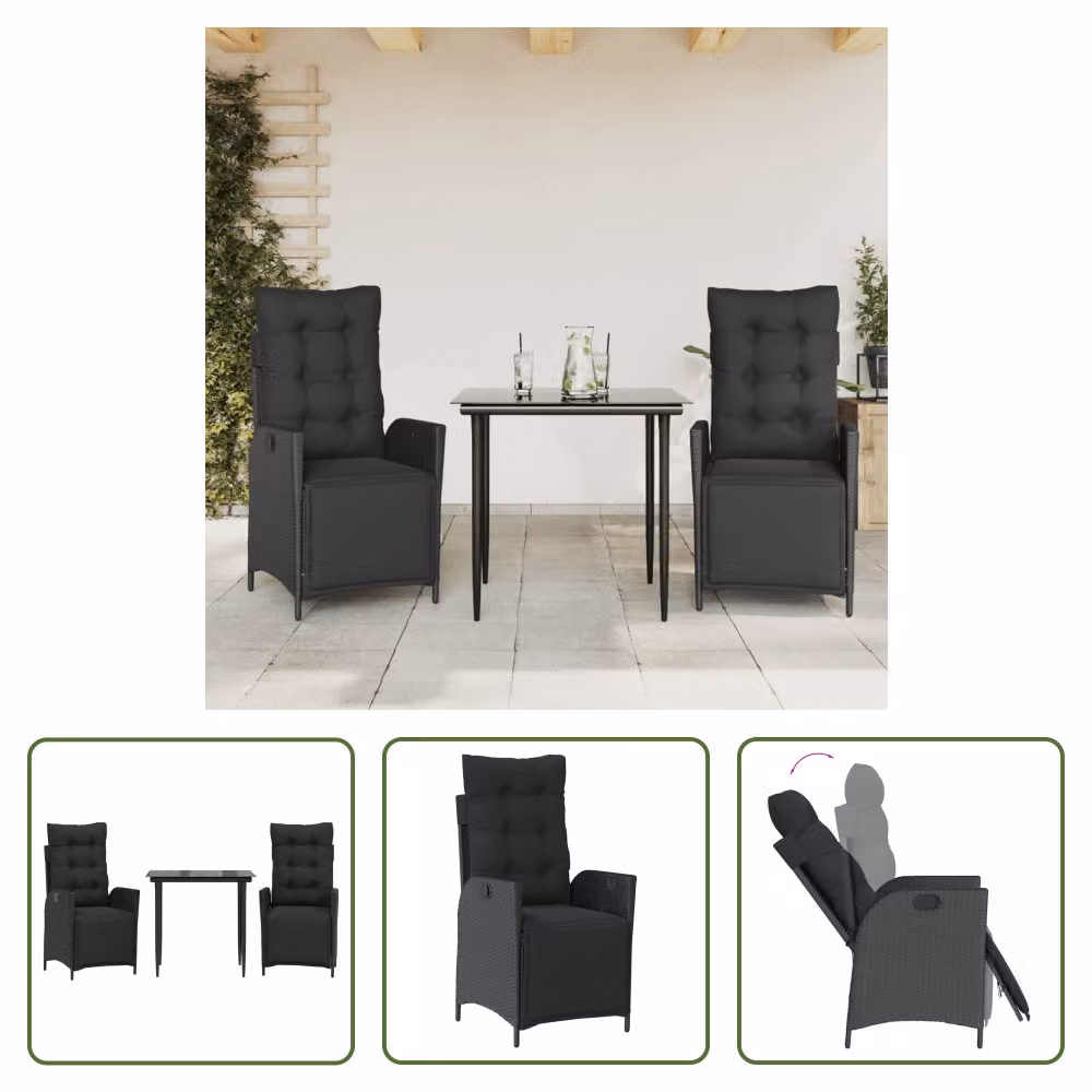 The Living Store Set da pranzo da giardino in 3 pezzi con cuscini in poly rattan nero