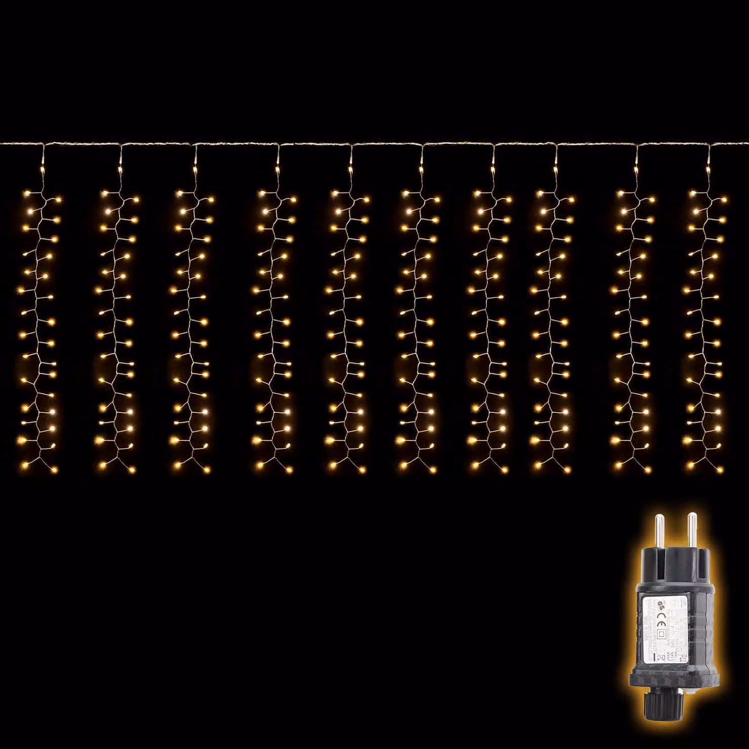 Catena luminosa a LED, lunghezza 3x1 metro, 300 LED bianco caldo, grado di protezione IP44, 8 modalità, timer