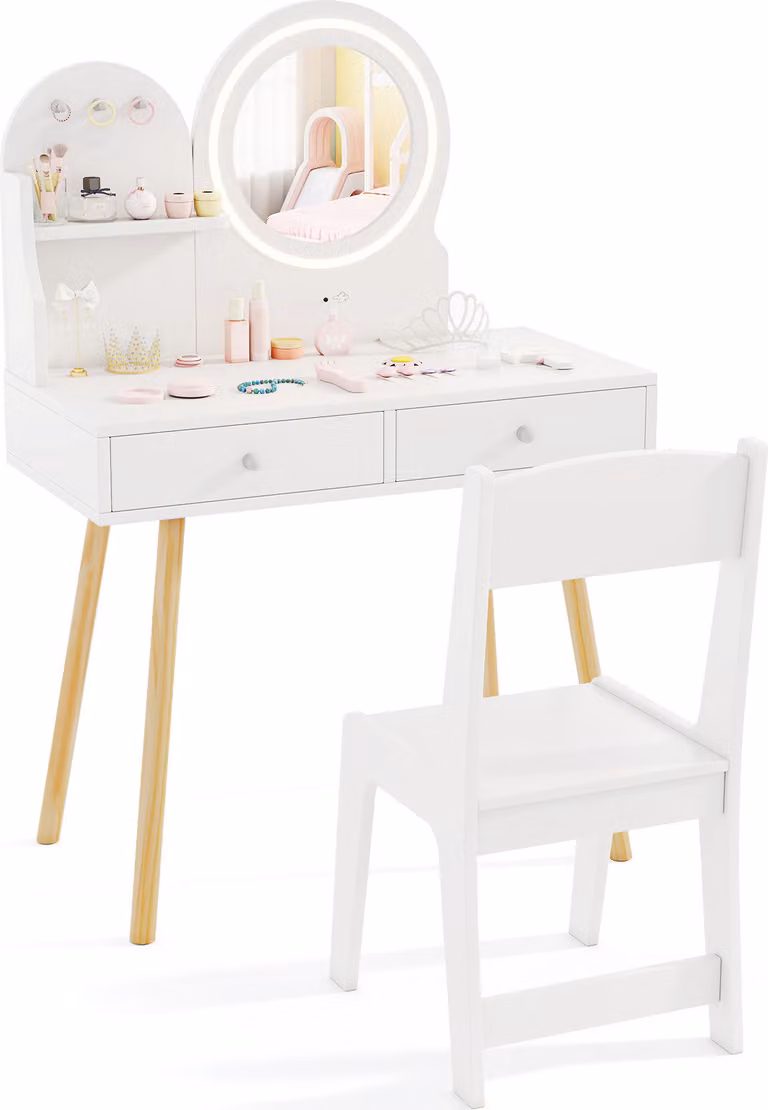 Set da toeletta per bambini COSTWAY con specchio illuminato, tavolino da trucco e sedia con motivo principessa, specchio, ripiano aperto Bianco