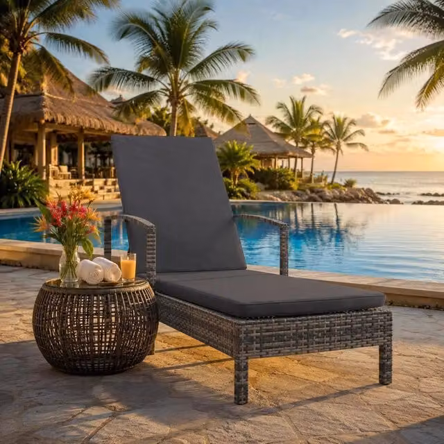 Sun Lounger With Armrests, Poly Rattan, Grey