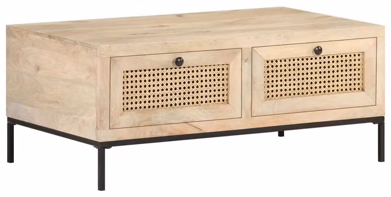 Tavolino da salotto in legno di mango massello con decorazioni in rattan