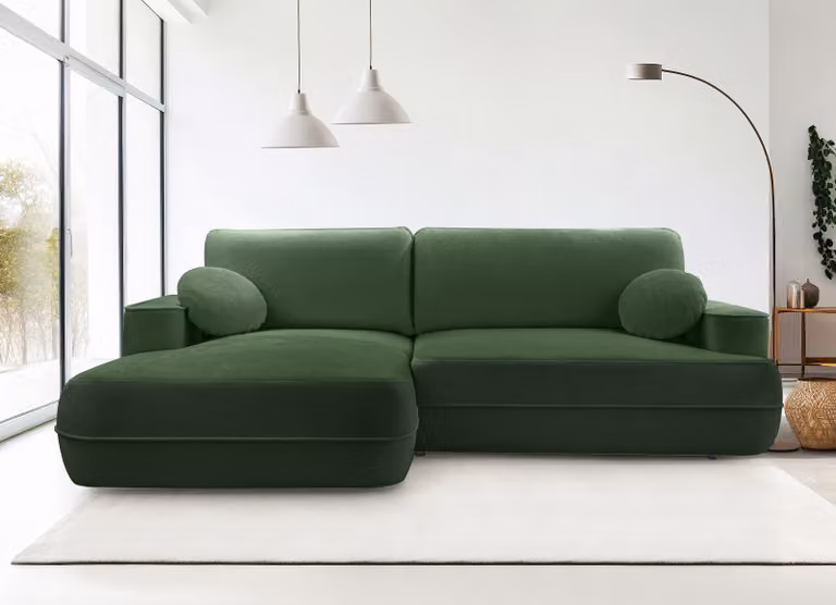 AX LIVING Divano angolare con funzione letto verde Peoni largo 267 cm elegante L