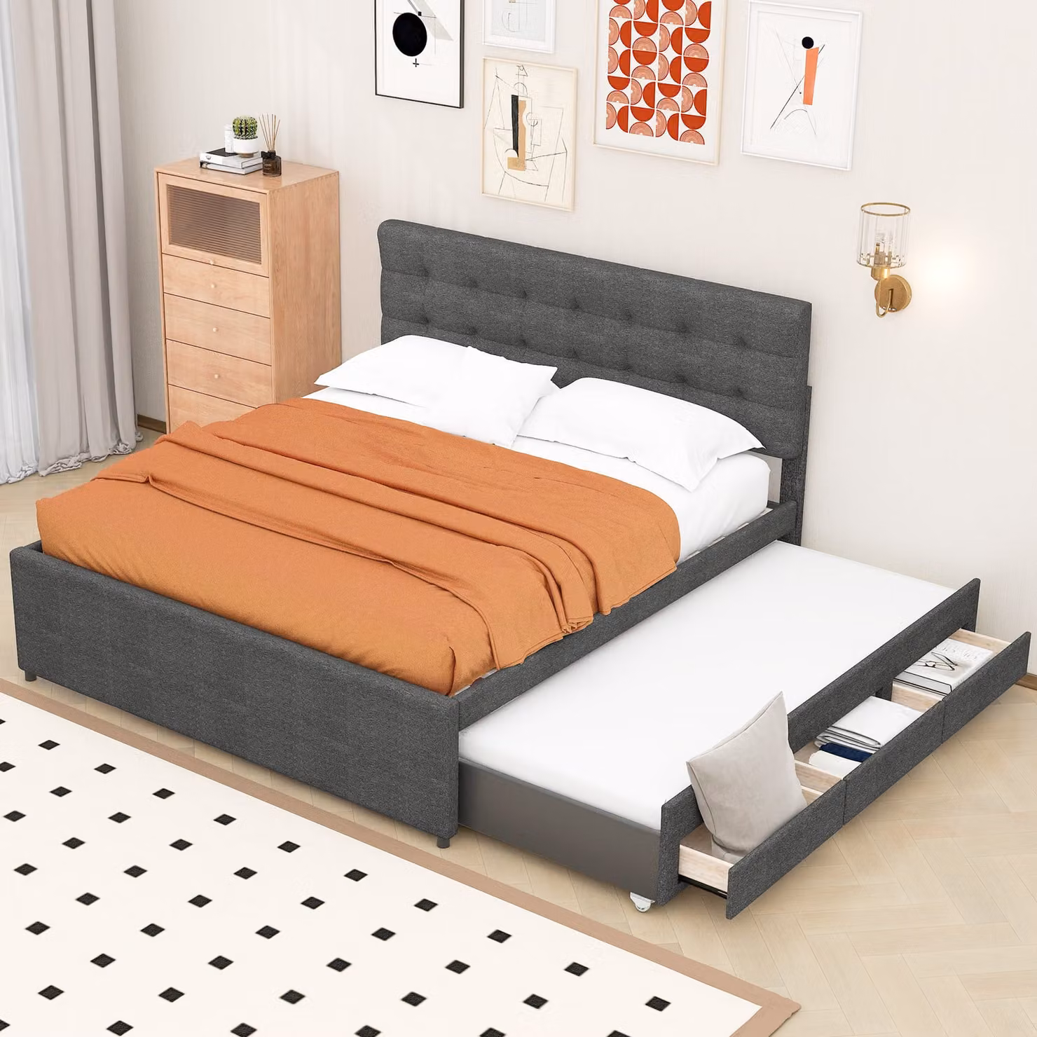 Letto imbottito Fortuna Lai 140 x 200 cm con 3 cassetti, rete matrimoniale con letto estraibile, letto familiare con rete a doghe e testata regolabile in altezza, materiale lino, senza materasso, grigio