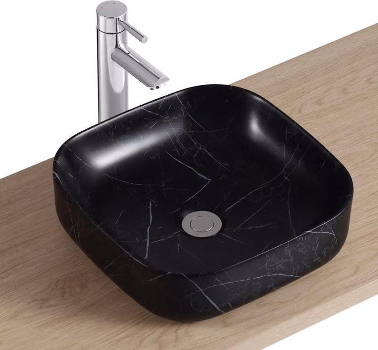 Lavabo da appoggio quadrato DIANE 37cm in Vetroceramica effetto marmo nero