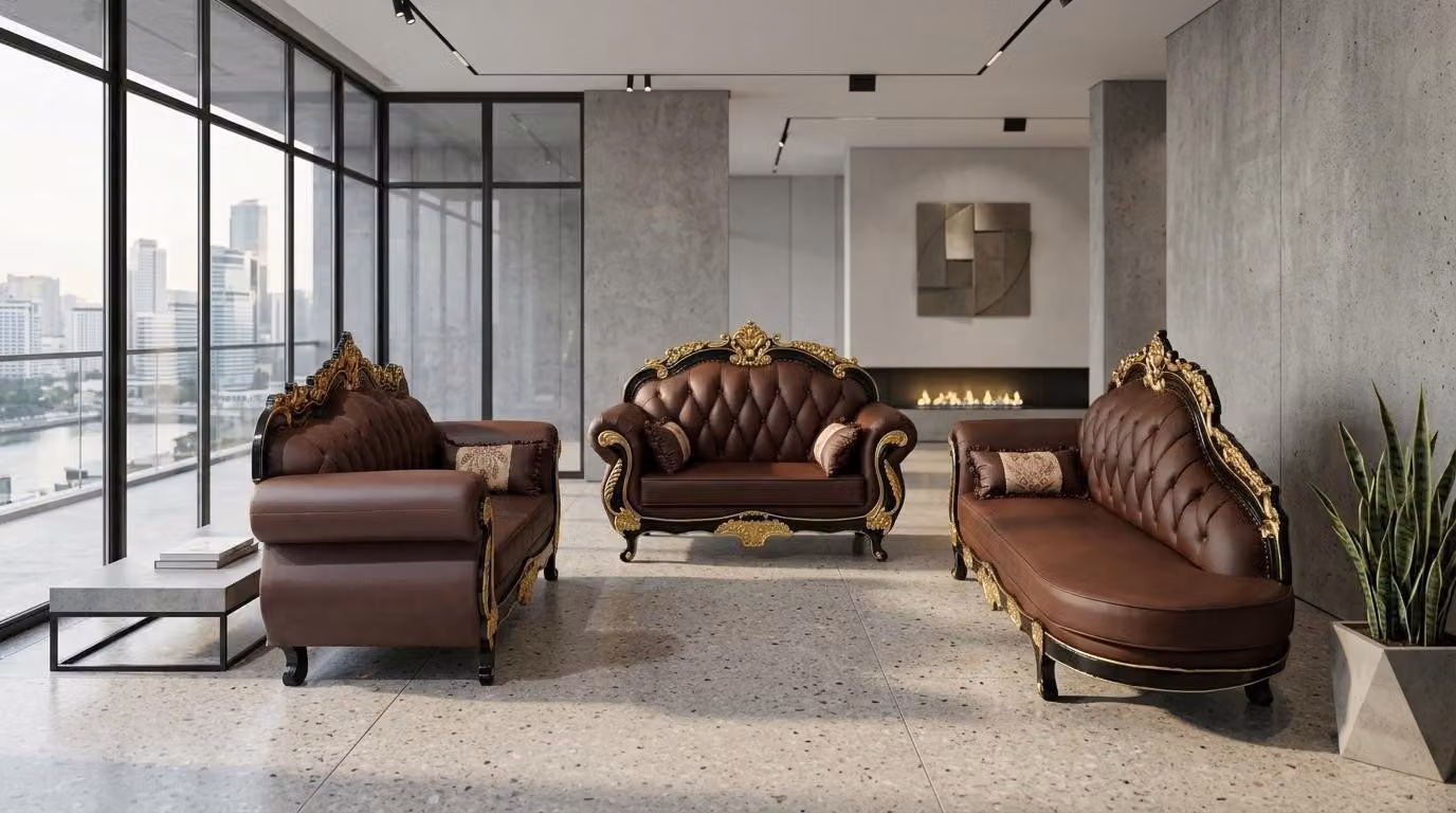 Divano Barocco marrone, set da salotto composto da: divano a 3 posti, chaise longue e poltrona. Dimensioni XL