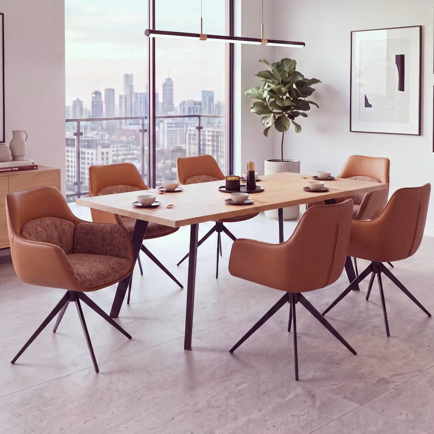Set di 6 sedie da pranzo modello HWC-R23, sedia per cucina, sedia girevole, rivestita in ecopelle e tessuto chenille (410 g/m²), colore terracotta