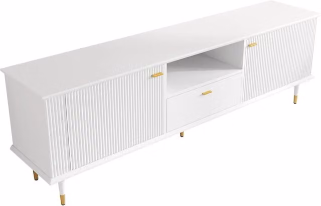 Mobile TV bianco in MDF con ante, cassetto, ripiani aperti e piedi in metallo dorato, 170x36x54 cm