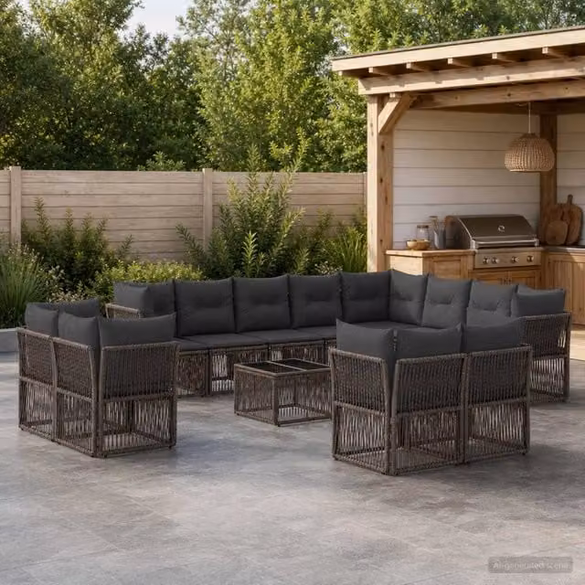 Set Divano da Giardino a L con Tavolino vidaXL Grigio, 13 Pezzi con Cuscini e Struttura in Metallo e Polyrattan – 1