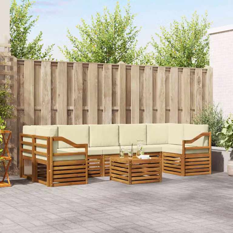 Set di divani da esterno vidaXL 8 pz in legno di acacia con tavolo da caffè e cuscini, forma a L, beige e bianco