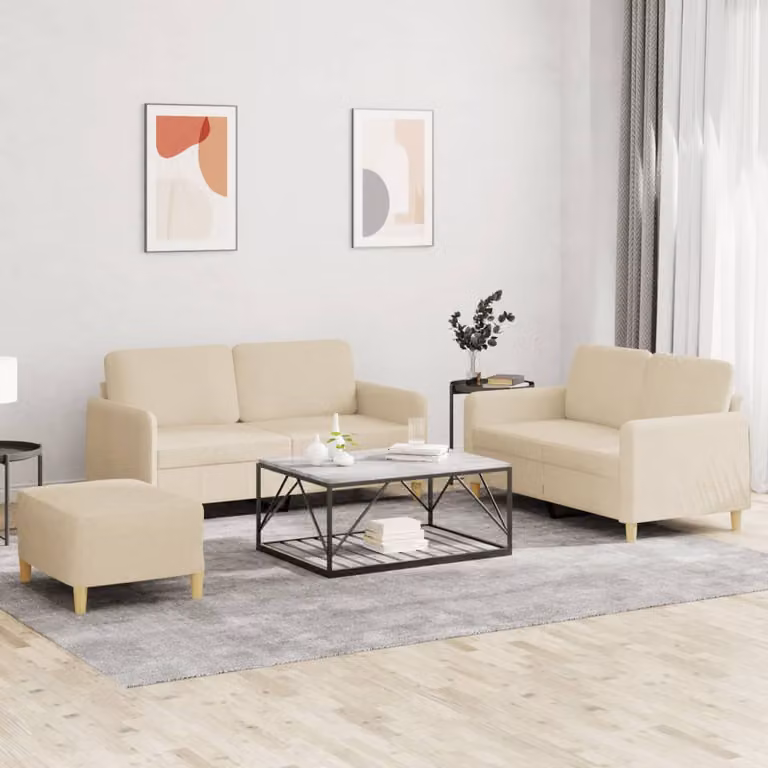 Set di divani vidaXL 3 pezzi beige in tessuto con pouf e cuscini per soggiorno