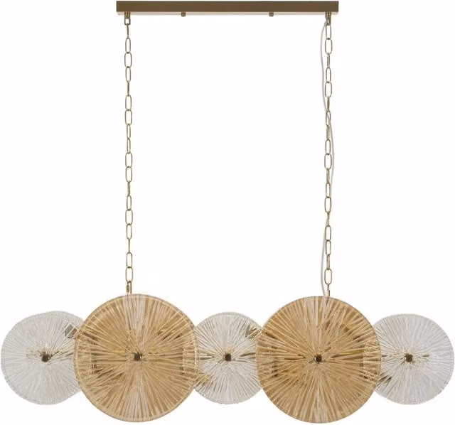 Lampadario Osaka moderno in metallo oro e vetro trasparente con dischi decorativi e altezza regolabile – 1