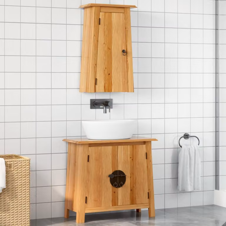 Set di mobili da bagno vidaXL in legno di pino marrone stile vintage composto da mobile lavabo e pensile a muro
