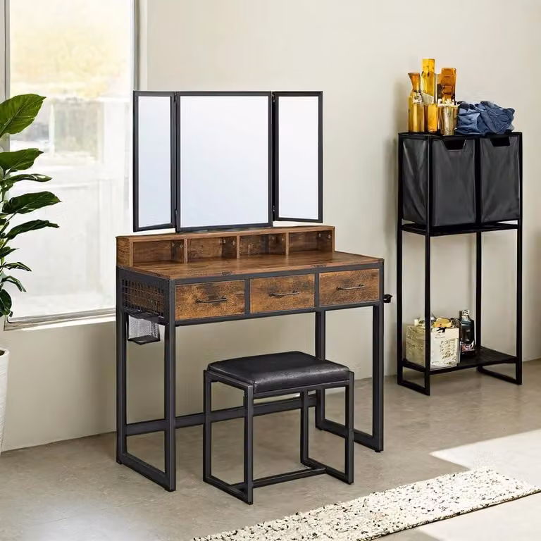 Comò da trucco con sgabello imbottito, specchio triplo e 3 cassetti | Stile vintage, colore marrone e nero | Dimensioni: 90x40x141 cm