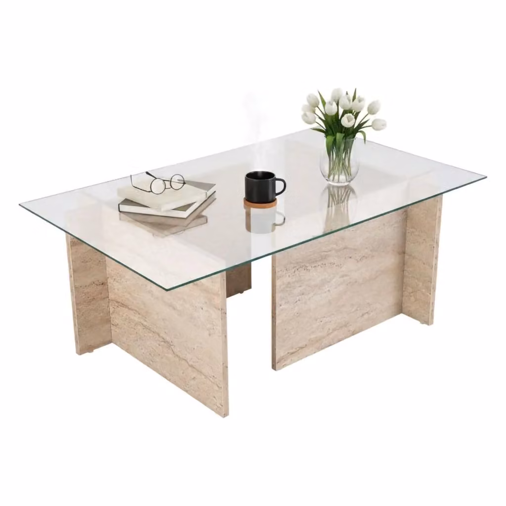 Tavolino da salotto moderno Azriel DMORA con piano in vetro trasparente e struttura beige L: 105 cm, P: 65 cm, H: 40 cm – 2