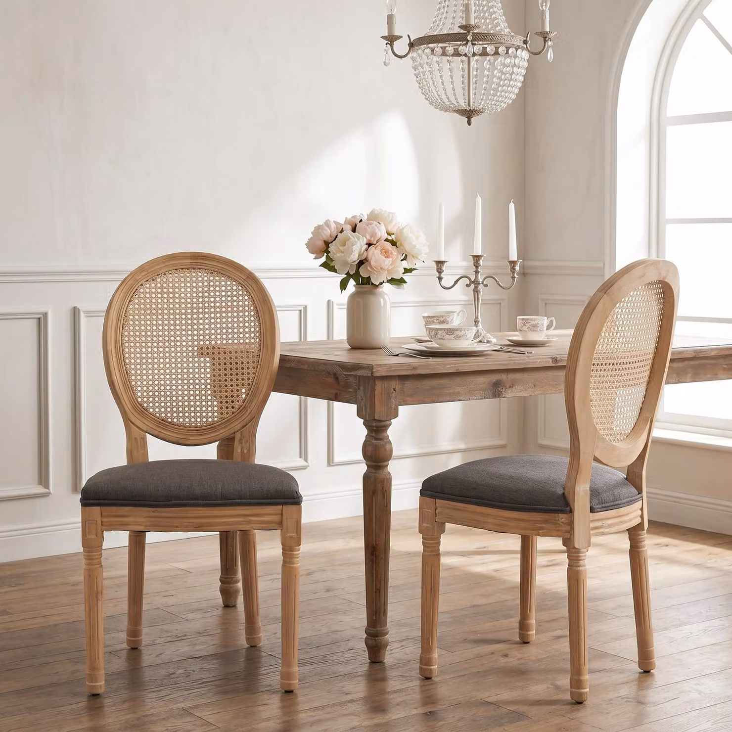 LVHOM Set da 2 sedie da pranzo: sedia con medaglione e intreccio viennese, sedia imbottita in lino in stile country francese, sedia vintage in legno da cucina, grigia