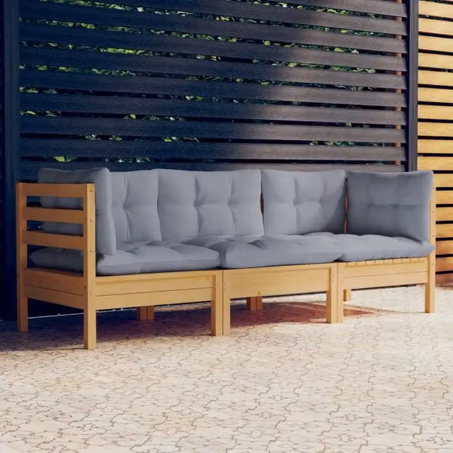 Divano da Giardino a 3 Posti con Cuscini-Sofa da Giardino-Divano da esterno Grigi Massello di Pino 506370