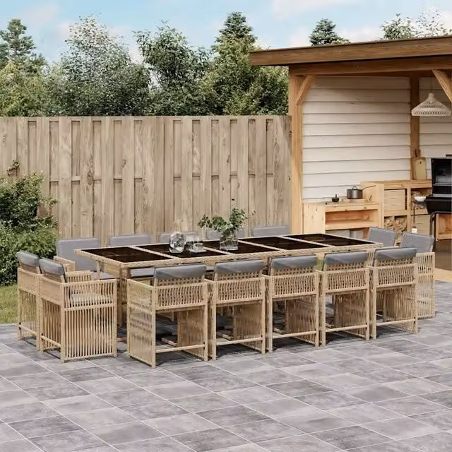 Set Pranzo da Giardino vidaXL in Polyrattan con Cuscini Beige e Grigio e Tavolo in Vetro 15 pz – 1