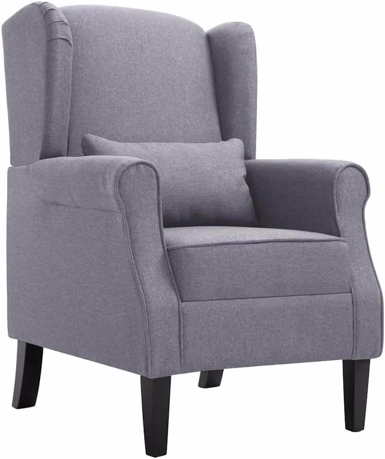 Poltrona di colore grigio scuro, dimensioni 68x73x101 cm, con struttura in legno robusta e rivestimento in tessuto dal design moderno, ideale per soggiorno, camera da letto e balcone