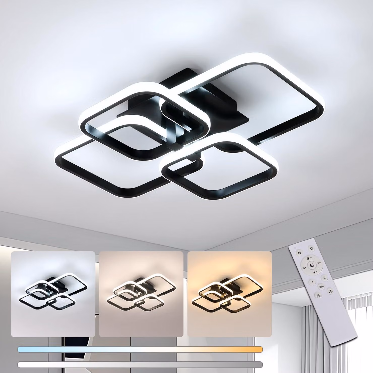 Lampada a soffitto DecKenleuchte, dimmerabile, con telecomando, 48W, 5400LM, colore nero