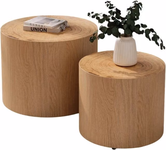 Set di 2 tavoli rotondi minimalisti REDOM in legno naturale marrone, Ø 48 cm e Ø 38 cm
