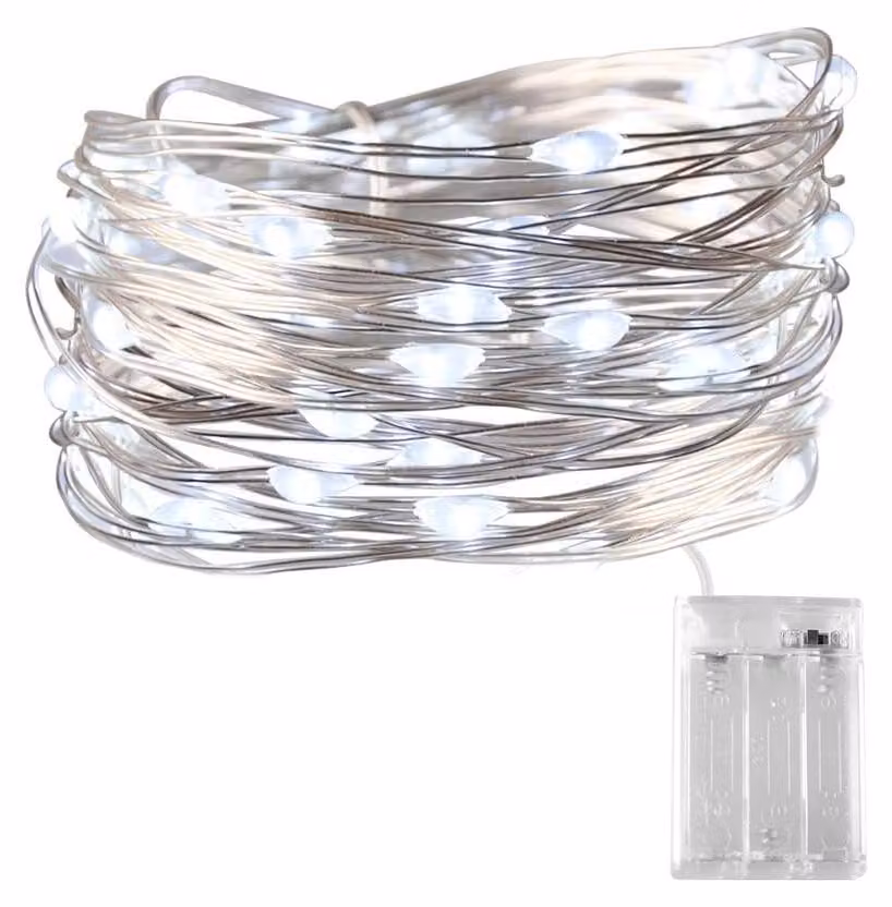 Catena luminosa a LED, filo di rame, 5 metri, luce bianca fredda, alimentazione 3 batterie AA