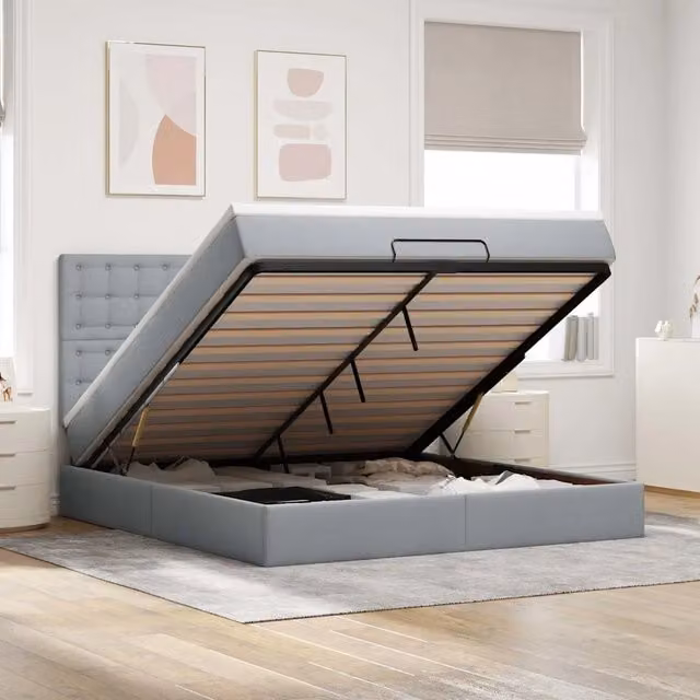 Letto con contenitore a sollevamento vidaXL in tessuto grigio e bianco con materasso L/P: 160 x 200 cm – 1